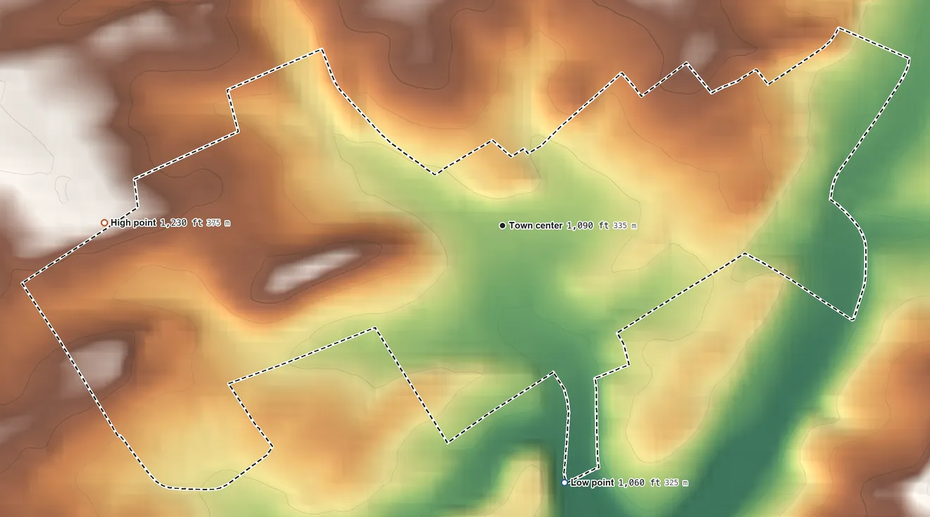 Topographic elevation map of Warriors Mark, Pennsylvania, shaded from 1,060 ft on the south side to 1,230 ft on the west edge, below higher ground just outside