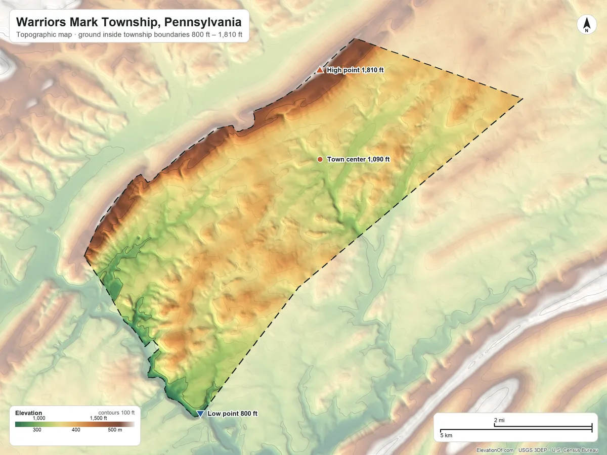 Topographic elevation map of Warriors Mark Township, Pennsylvania, shaded from 800 ft on the southwest side to 1,810 ft on the north side