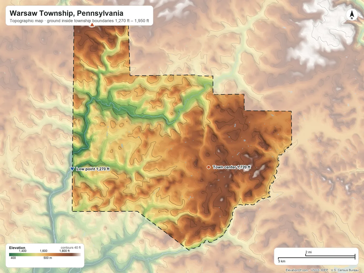 Topographic elevation map of Warsaw Township, Pennsylvania, shaded from 1,270 ft on the west side to 1,950 ft on the northwest side
