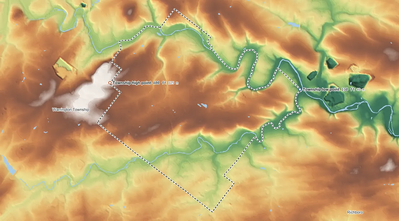 Topographic elevation map of Warwick Township, Bucks County, Pennsylvania, shaded from 130 ft on the east side to 400 ft on the west side
