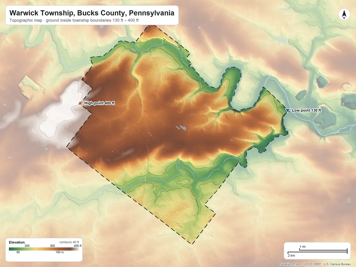 Topographic elevation map of Warwick Township, Bucks County, Pennsylvania, shaded from 130 ft on the east side to 400 ft on the west side