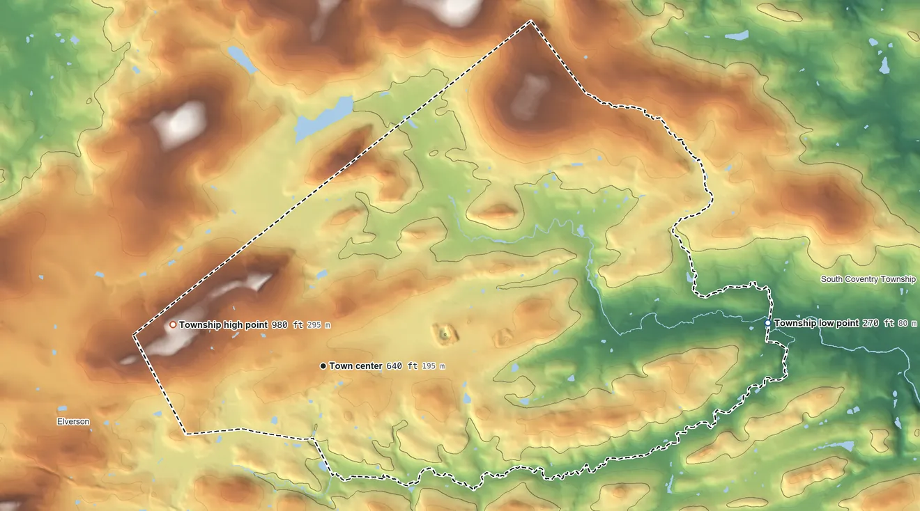 Topographic elevation map of Warwick Township, Chester County, Pennsylvania, shaded from 270 ft on the east side to 980 ft on the west side