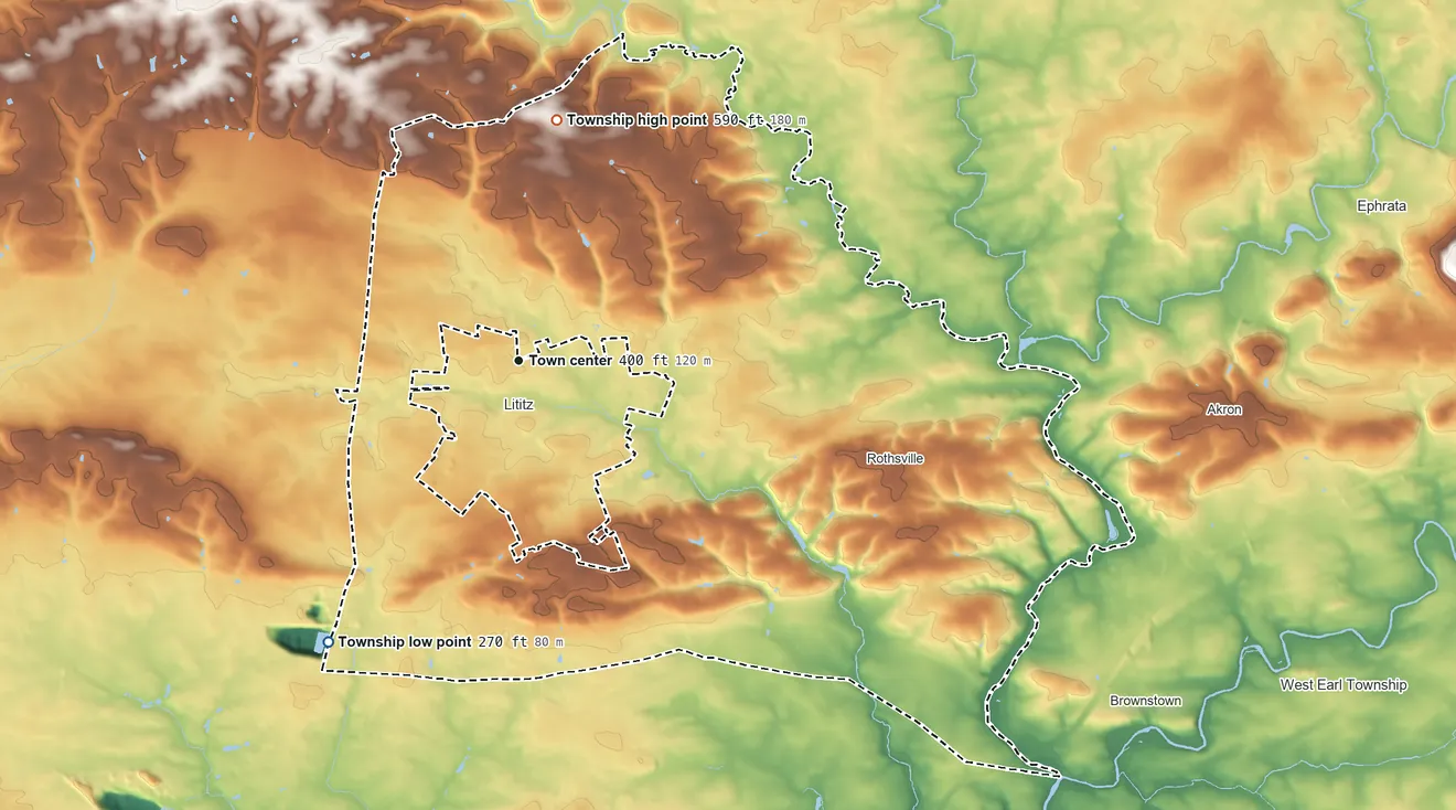 Topographic elevation map of Warwick Township, Pennsylvania, shaded from 270 ft on the southwest side to 590 ft on the north side