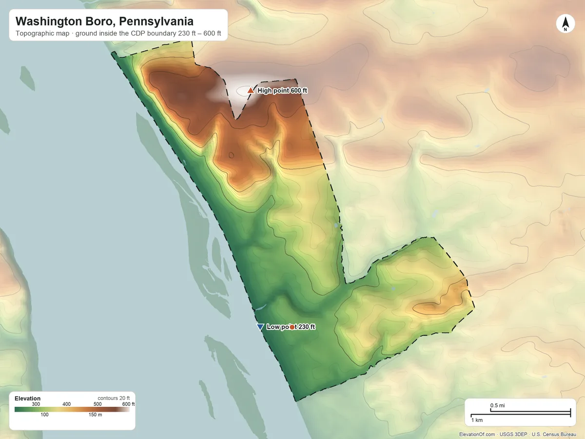 Topographic elevation map of Washington Boro, Pennsylvania, shaded from 230 ft near the middle to 600 ft on the north side