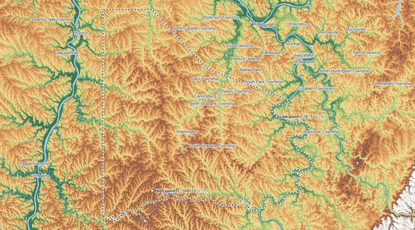 Topographic elevation map of Washington County, Pennsylvania, shaded from 720 ft on the east side to 1,560 ft on the southwest side