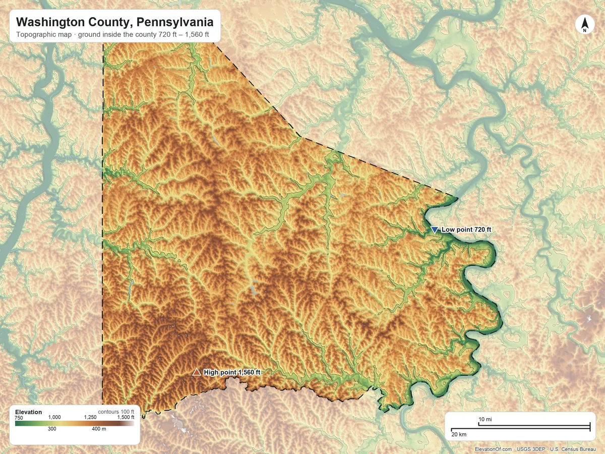 Topographic elevation map of Washington County, Pennsylvania, shaded from 720 ft on the east side to 1,560 ft on the southwest side