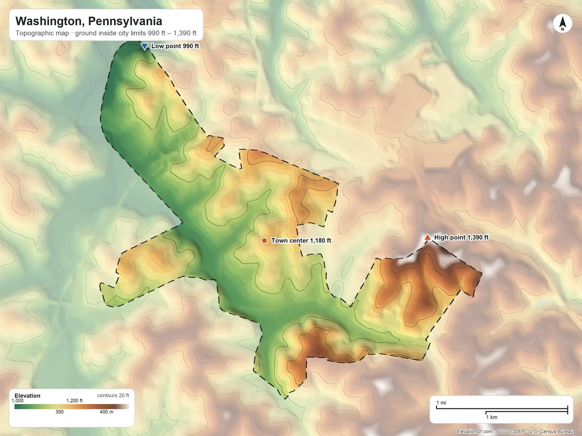 Topographic elevation map of Washington, Pennsylvania, shaded from 990 ft on the northwest side to 1,390 ft on the east side