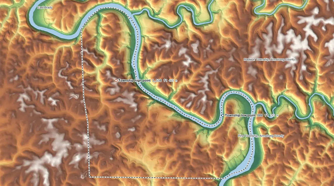 Topographic elevation map of Washington Township, Armstrong County, Pennsylvania, shaded from 800 ft on the east side to 1,530 ft on the northwest side