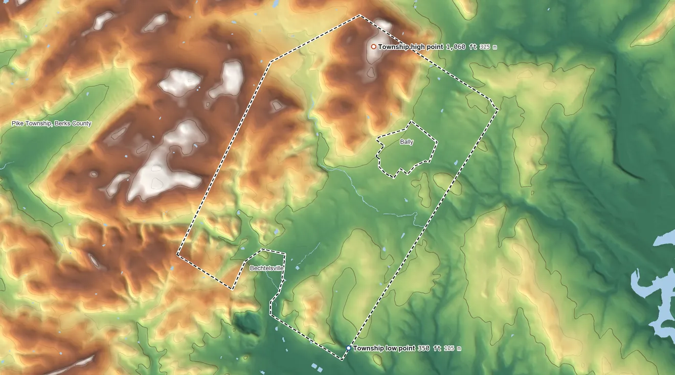 Topographic elevation map of Washington Township, Berks County, Pennsylvania, shaded from 350 ft on the south side to 1,060 ft on the north side