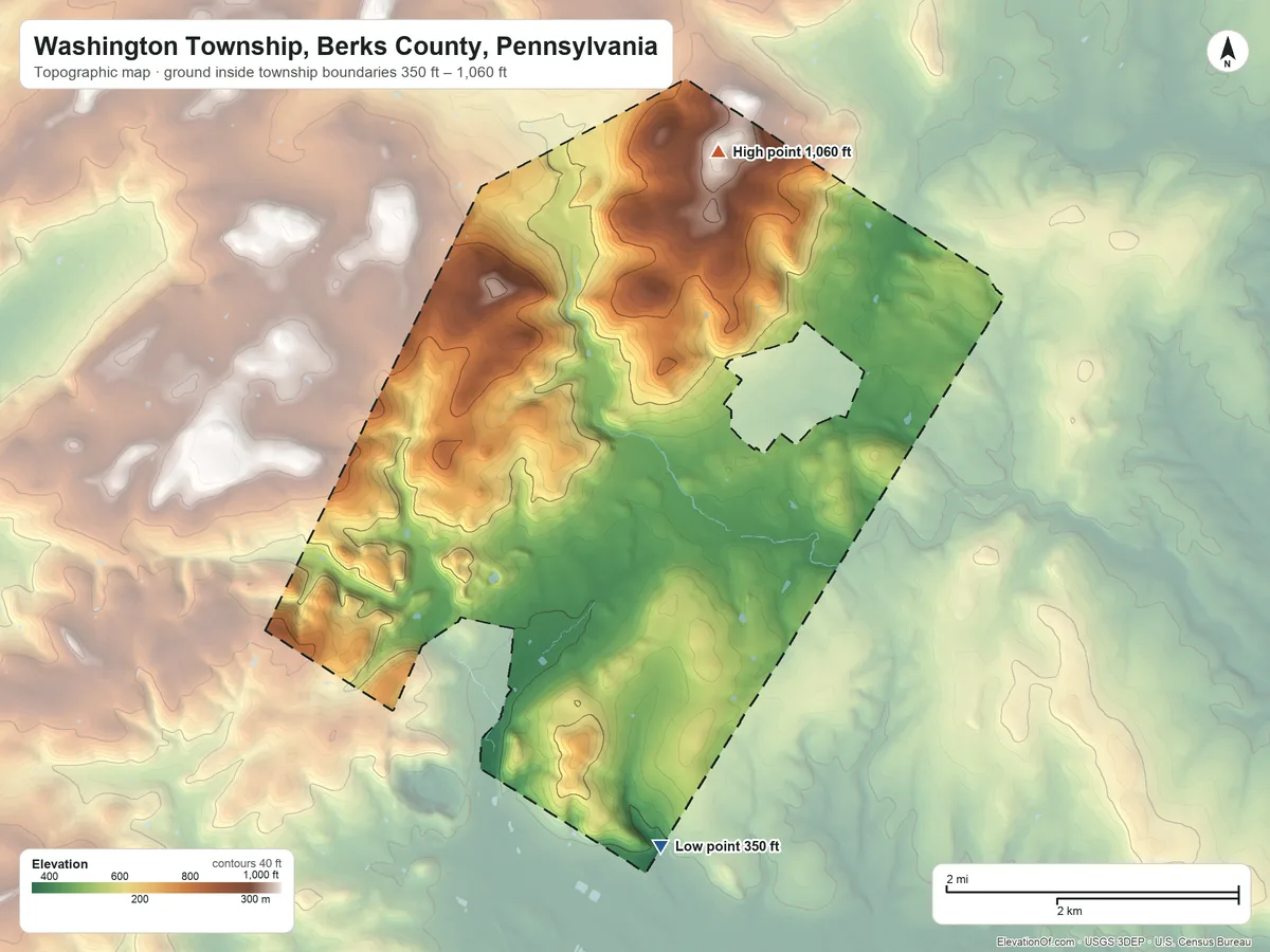 Topographic elevation map of Washington Township, Berks County, Pennsylvania, shaded from 350 ft on the south side to 1,060 ft on the north side