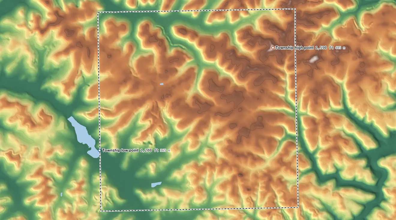 Topographic elevation map of Washington Township, Butler County, Pennsylvania, shaded from 1,200 ft on the west side to 1,590 ft on the northeast side