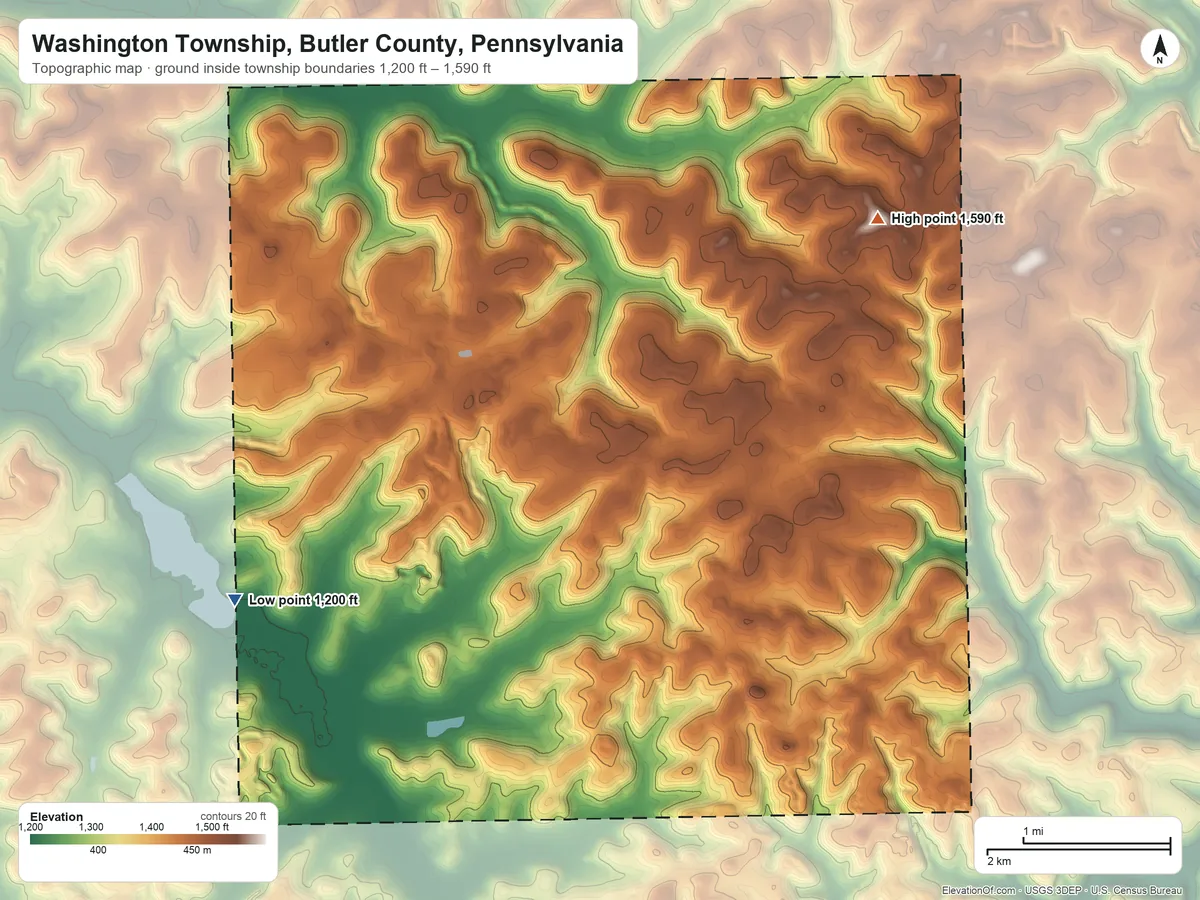 Topographic elevation map of Washington Township, Butler County, Pennsylvania, shaded from 1,200 ft on the west side to 1,590 ft on the northeast side