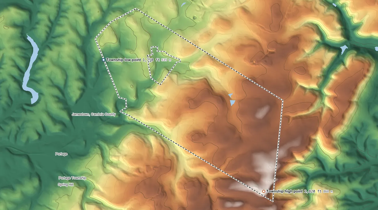 Topographic elevation map of Washington Township, Cambria County, Pennsylvania, shaded from 1,750 ft on the west side to 2,820 ft on the southeast side
