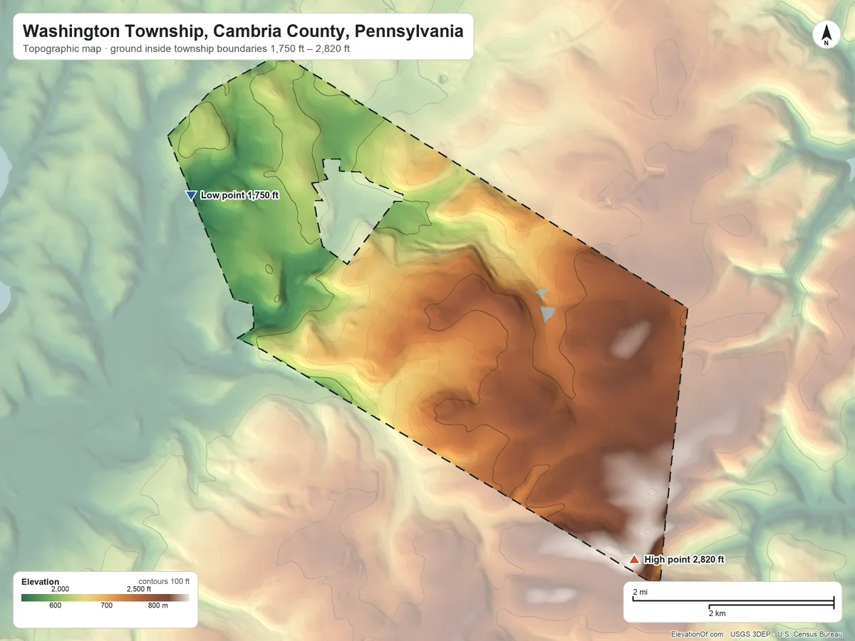 Topographic elevation map of Washington Township, Cambria County, Pennsylvania, shaded from 1,750 ft on the west side to 2,820 ft on the southeast side