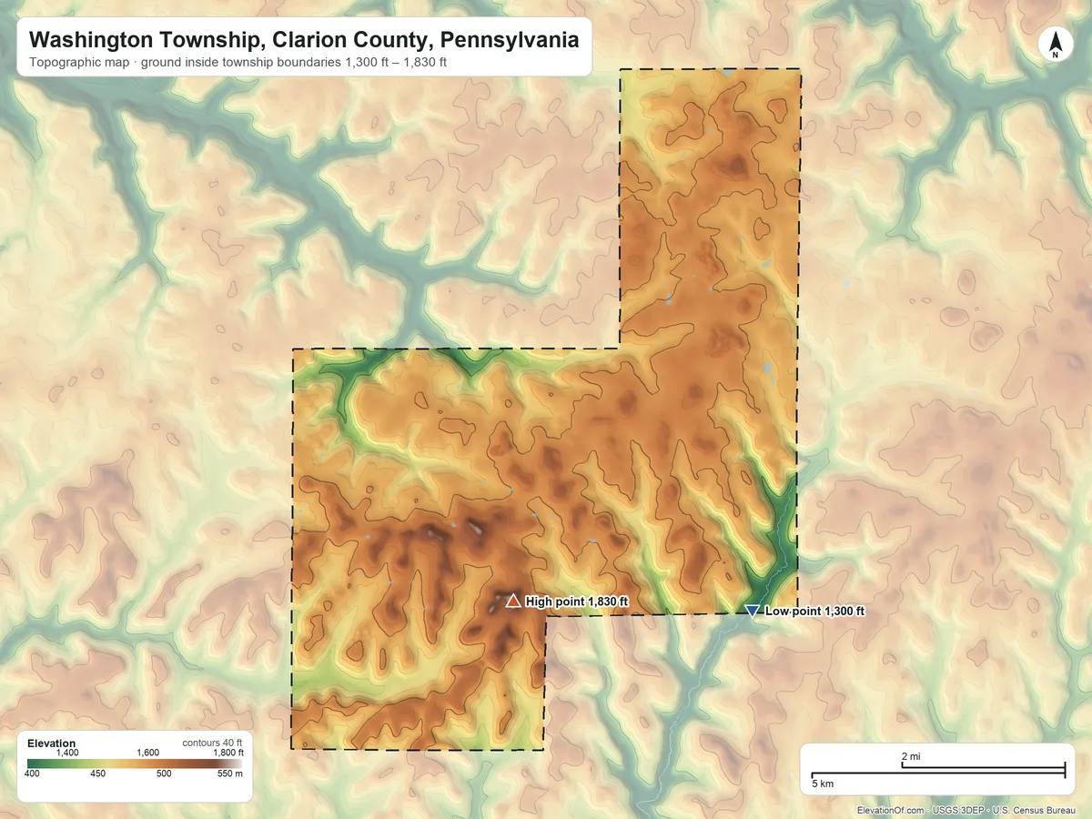 Topographic elevation map of Washington Township, Clarion County, Pennsylvania, shaded from 1,300 ft on the southeast side to 1,830 ft on the southwest side