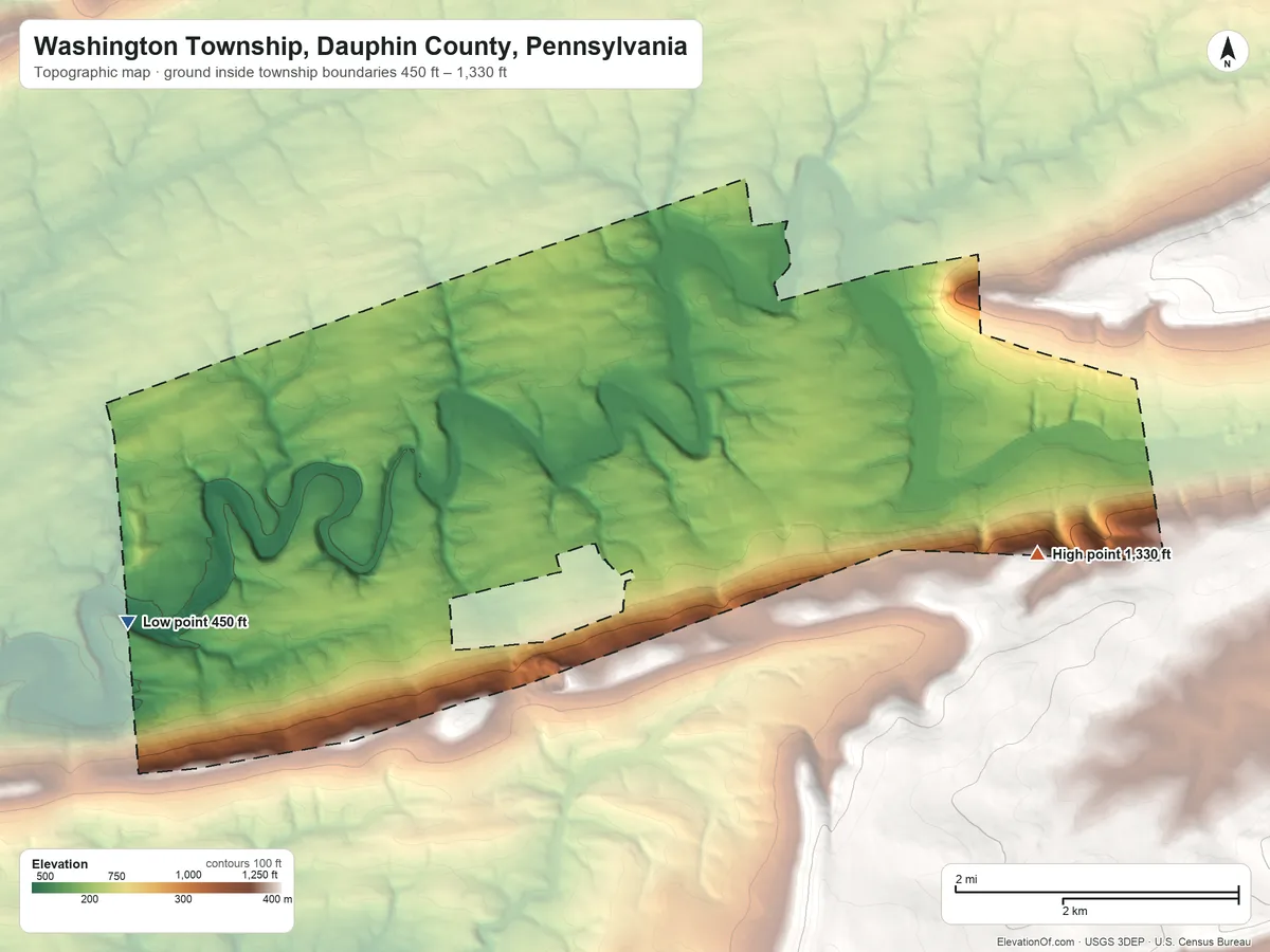 Topographic elevation map of Washington Township, Dauphin County, Pennsylvania, shaded from 450 ft on the west side to 1,330 ft on the east edge, below higher ground just outside