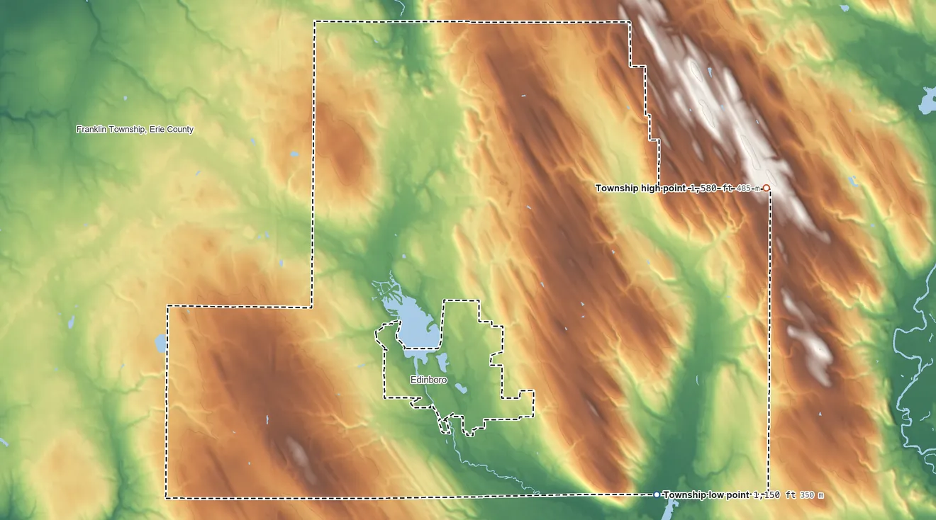 Topographic elevation map of Washington Township, Erie County, Pennsylvania, shaded from 1,150 ft on the southeast side to 1,580 ft on the east side