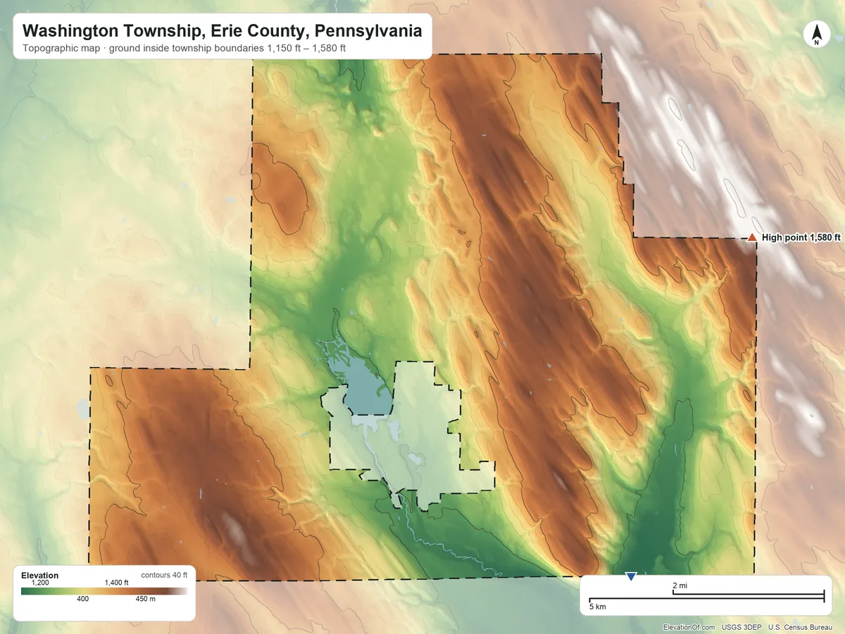 Topographic elevation map of Washington Township, Erie County, Pennsylvania, shaded from 1,150 ft on the southeast side to 1,580 ft on the east side
