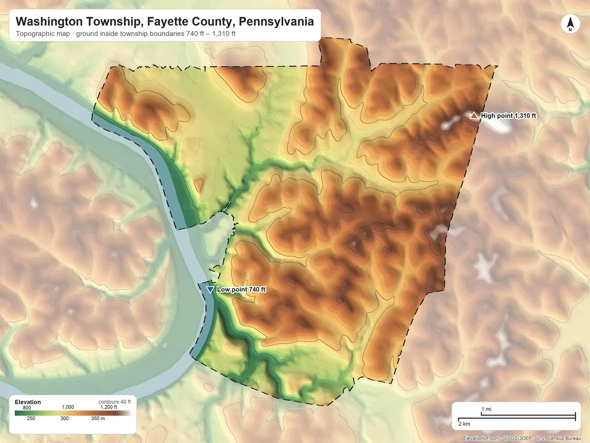 Topographic elevation map of Washington Township, Fayette County, Pennsylvania, shaded from 740 ft on the south side to 1,310 ft on the east side