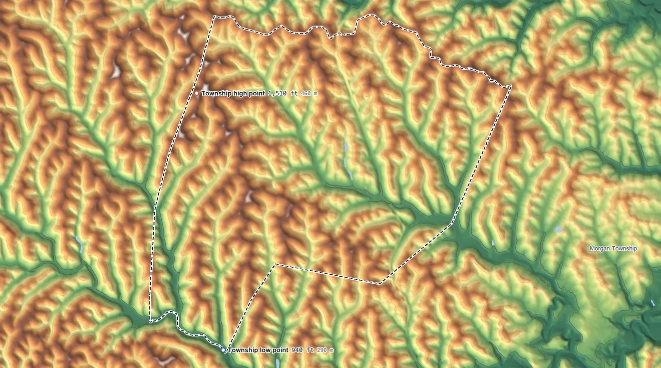 Topographic elevation map of Washington Township, Greene County, Pennsylvania, shaded from 940 ft on the southwest side to 1,510 ft on the northwest side