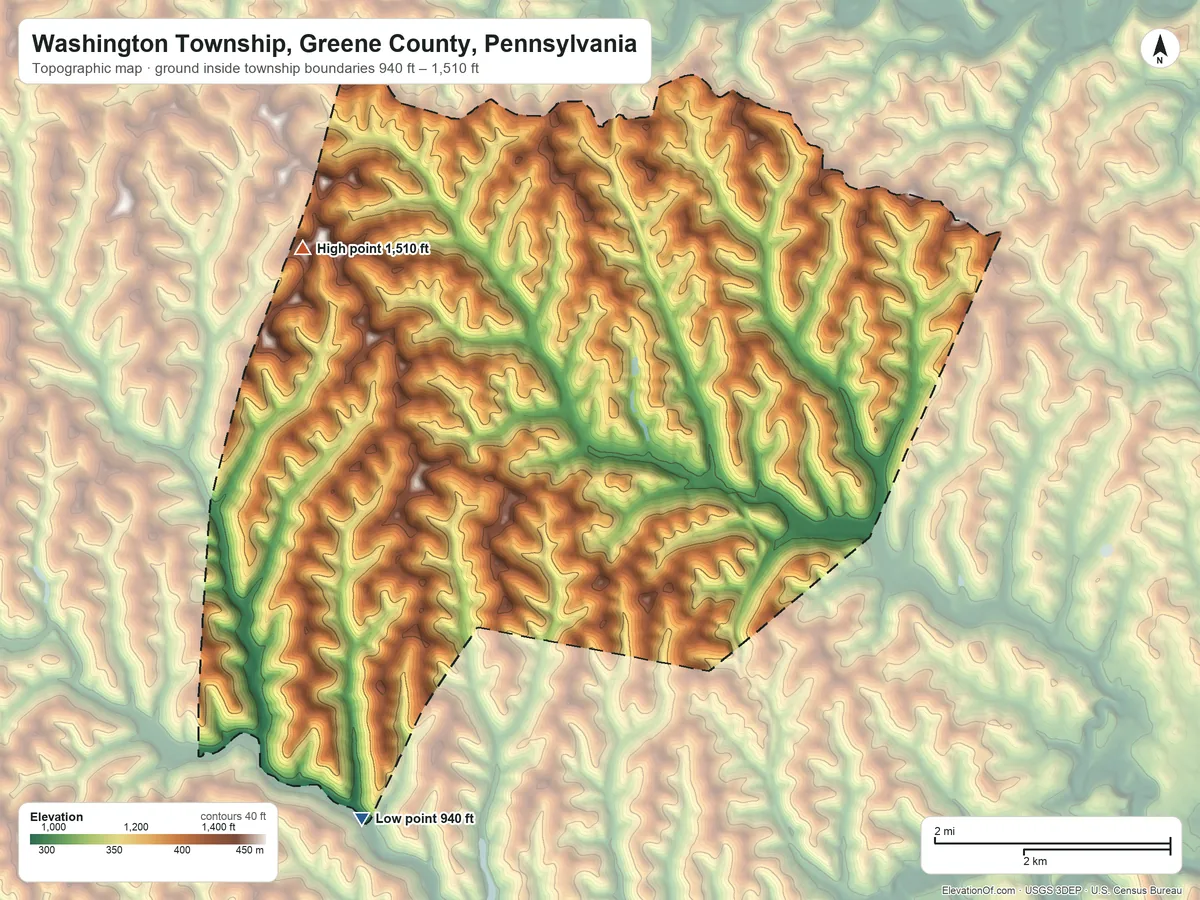 Topographic elevation map of Washington Township, Greene County, Pennsylvania, shaded from 940 ft on the southwest side to 1,510 ft on the northwest side