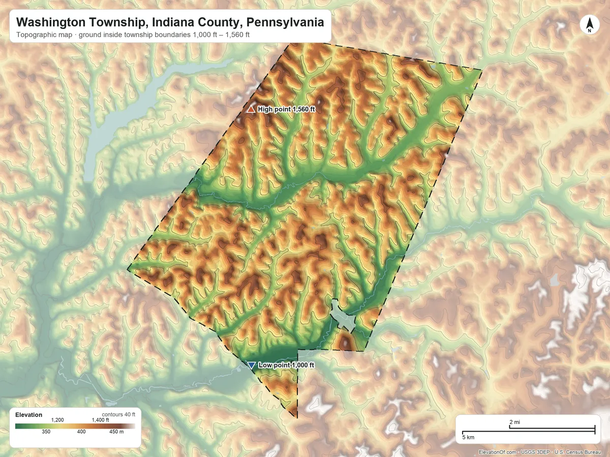 Topographic elevation map of Washington Township, Indiana County, Pennsylvania, shaded from 1,000 ft on the south side to 1,560 ft on the northwest side