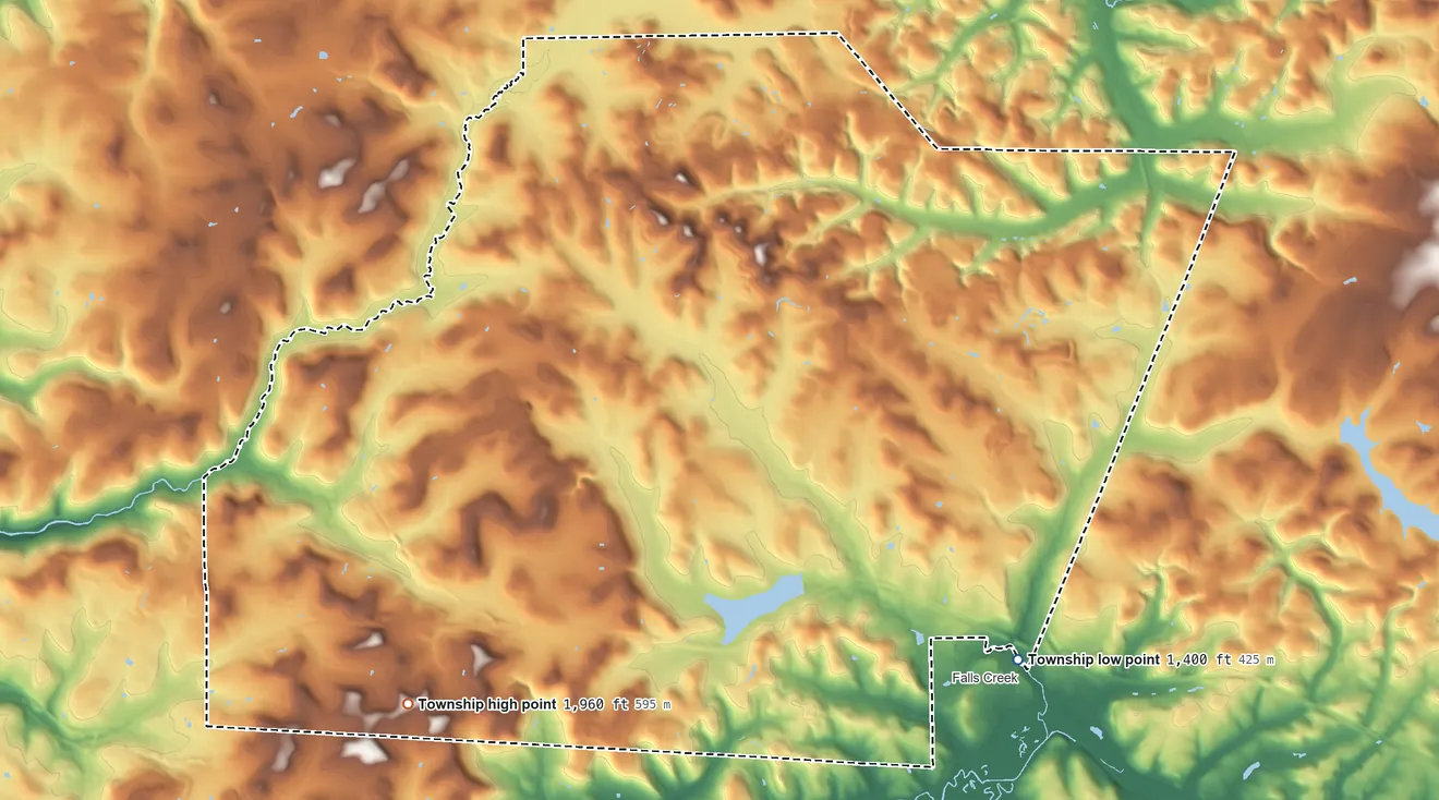 Topographic elevation map of Washington Township, Jefferson County, Pennsylvania, shaded from 1,400 ft on the southeast side to 1,960 ft on the southwest side