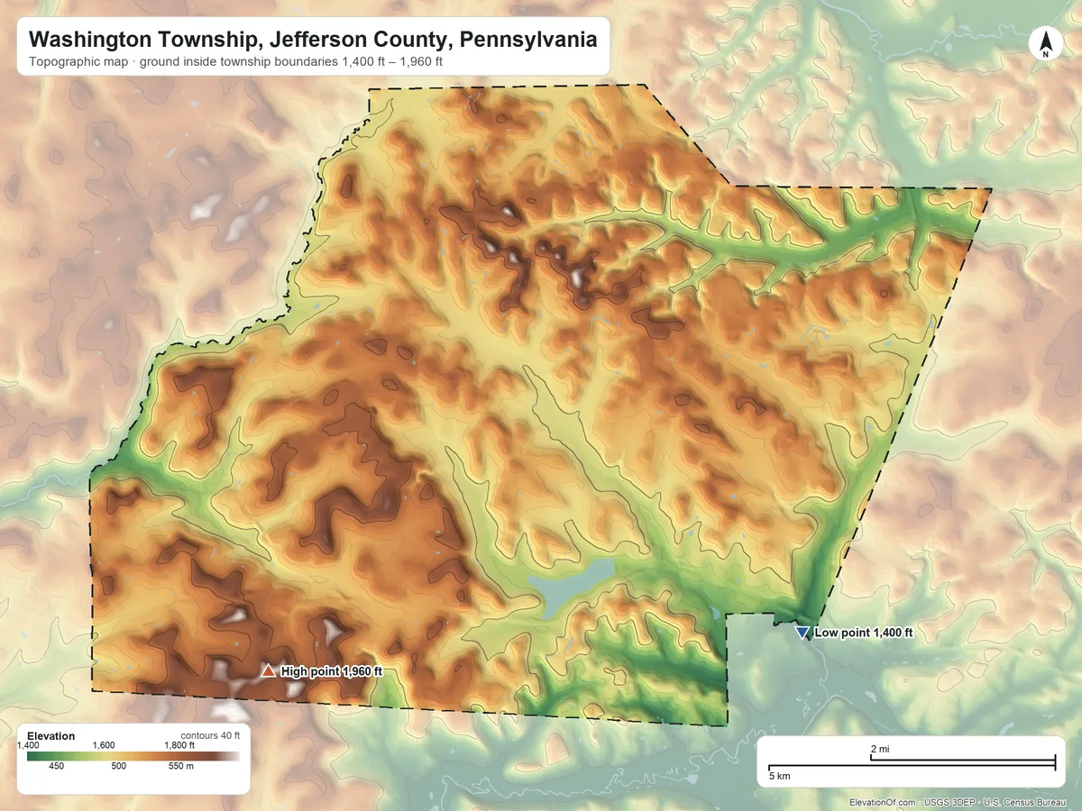 Topographic elevation map of Washington Township, Jefferson County, Pennsylvania, shaded from 1,400 ft on the southeast side to 1,960 ft on the southwest side
