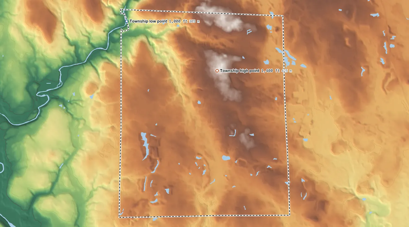 Topographic elevation map of Washington Township, Lawrence County, Pennsylvania, shaded from 1,000 ft on the northwest side to 1,400 ft on the northeast side