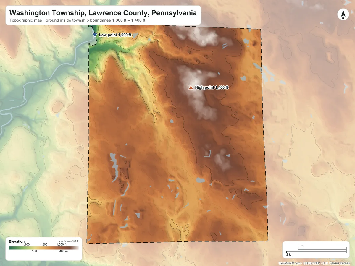 Topographic elevation map of Washington Township, Lawrence County, Pennsylvania, shaded from 1,000 ft on the northwest side to 1,400 ft on the northeast side