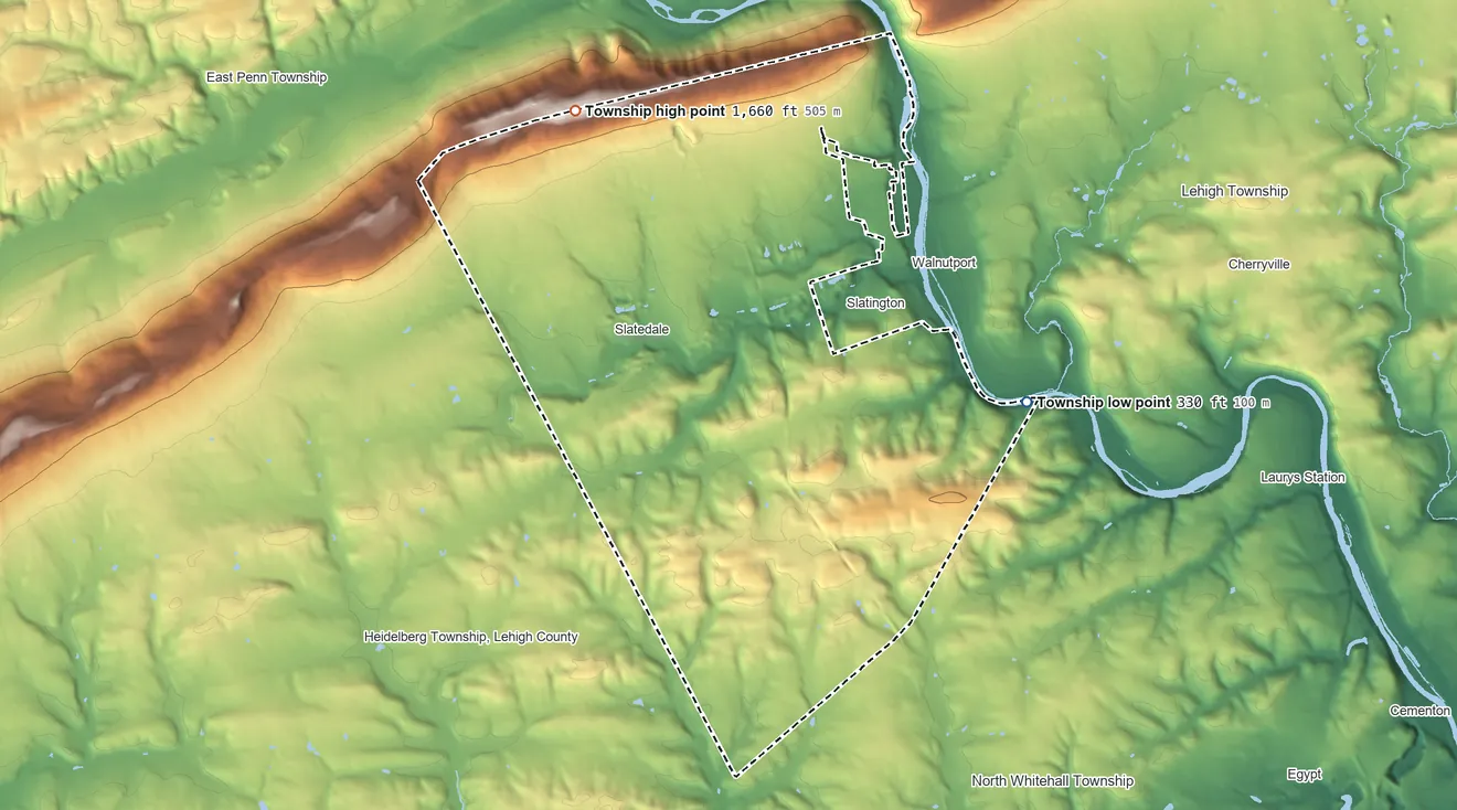 Topographic elevation map of Washington Township, Lehigh County, Pennsylvania, shaded from 330 ft on the east side to 1,660 ft on the northwest side