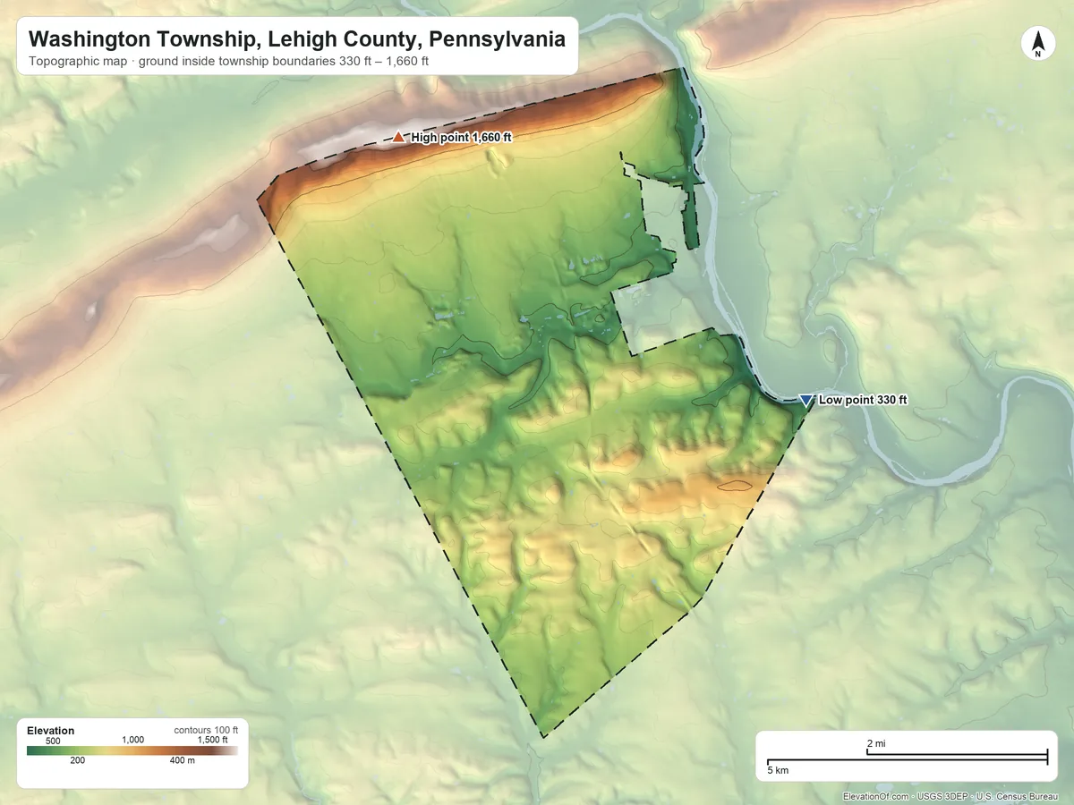 Topographic elevation map of Washington Township, Lehigh County, Pennsylvania, shaded from 330 ft on the east side to 1,660 ft on the northwest side