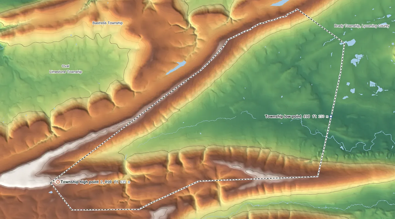 Topographic elevation map of Washington Township, Lycoming County, Pennsylvania, shaded from 490 ft on the east side to 2,090 ft on the southwest side