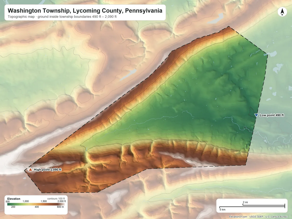 Topographic elevation map of Washington Township, Lycoming County, Pennsylvania, shaded from 490 ft on the east side to 2,090 ft on the southwest side