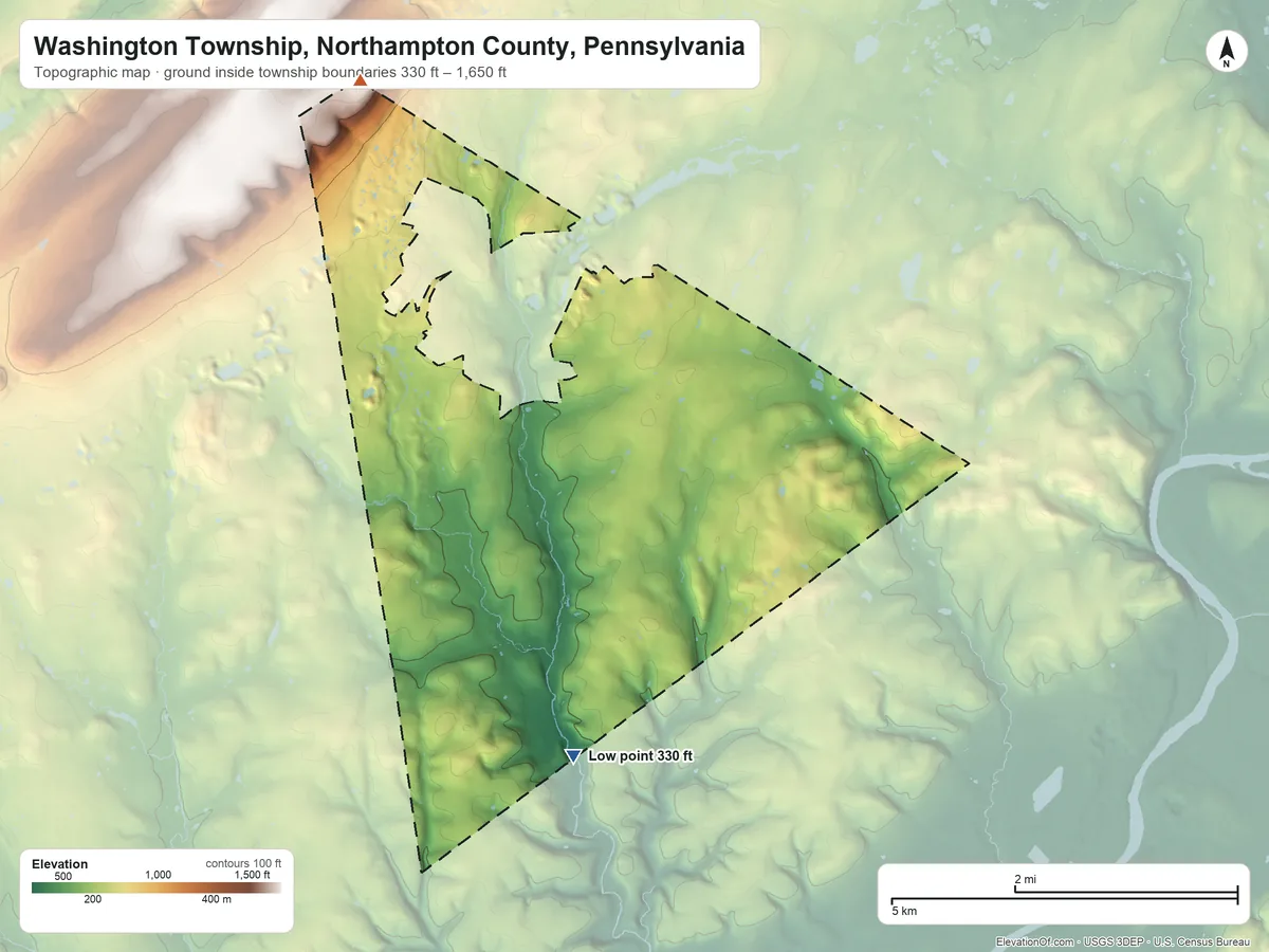 Topographic elevation map of Washington Township, Northampton County, Pennsylvania, shaded from 330 ft on the south side to 1,650 ft on the northwest side