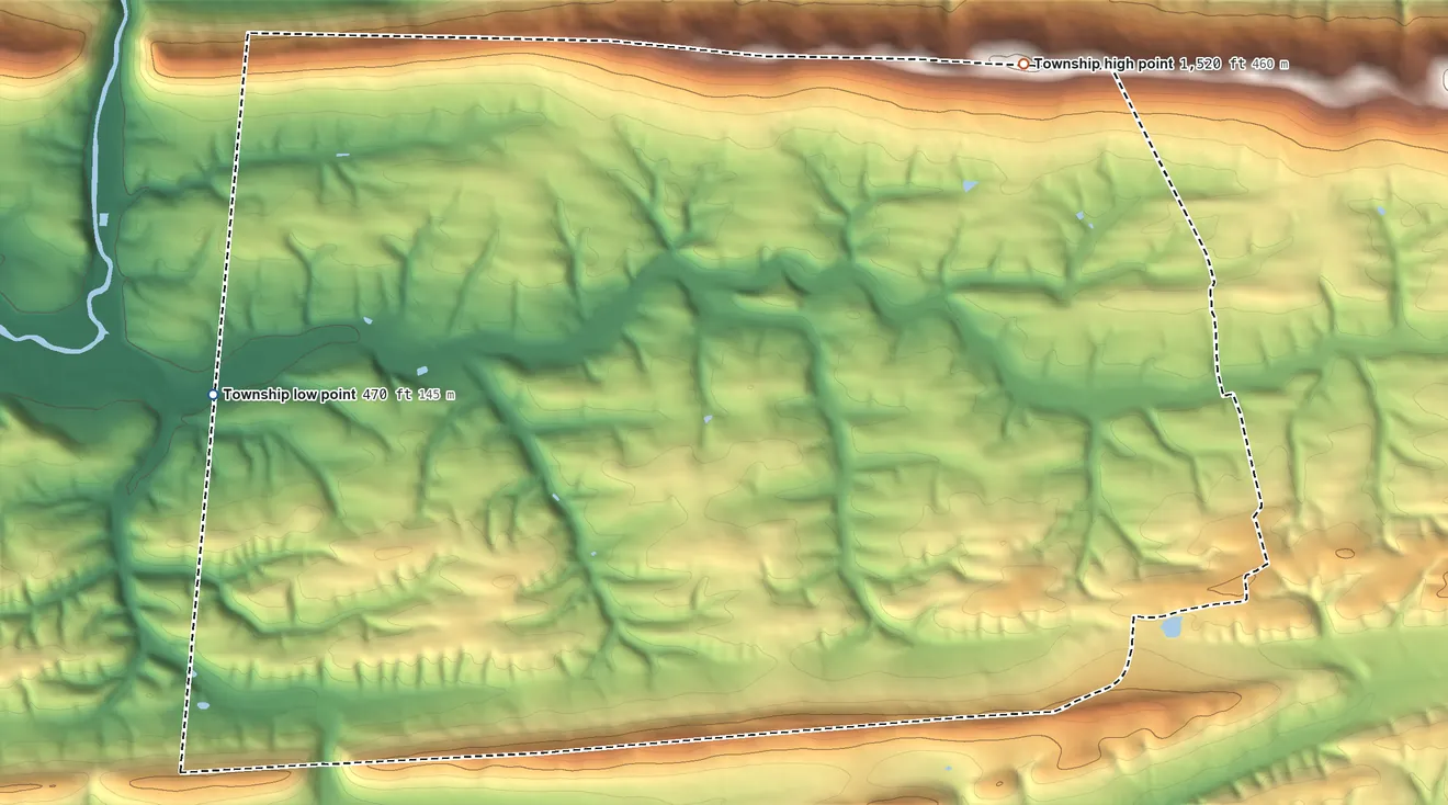 Topographic elevation map of Washington Township, Northumberland County, Pennsylvania, shaded from 470 ft on the west side to 1,520 ft on the northeast side