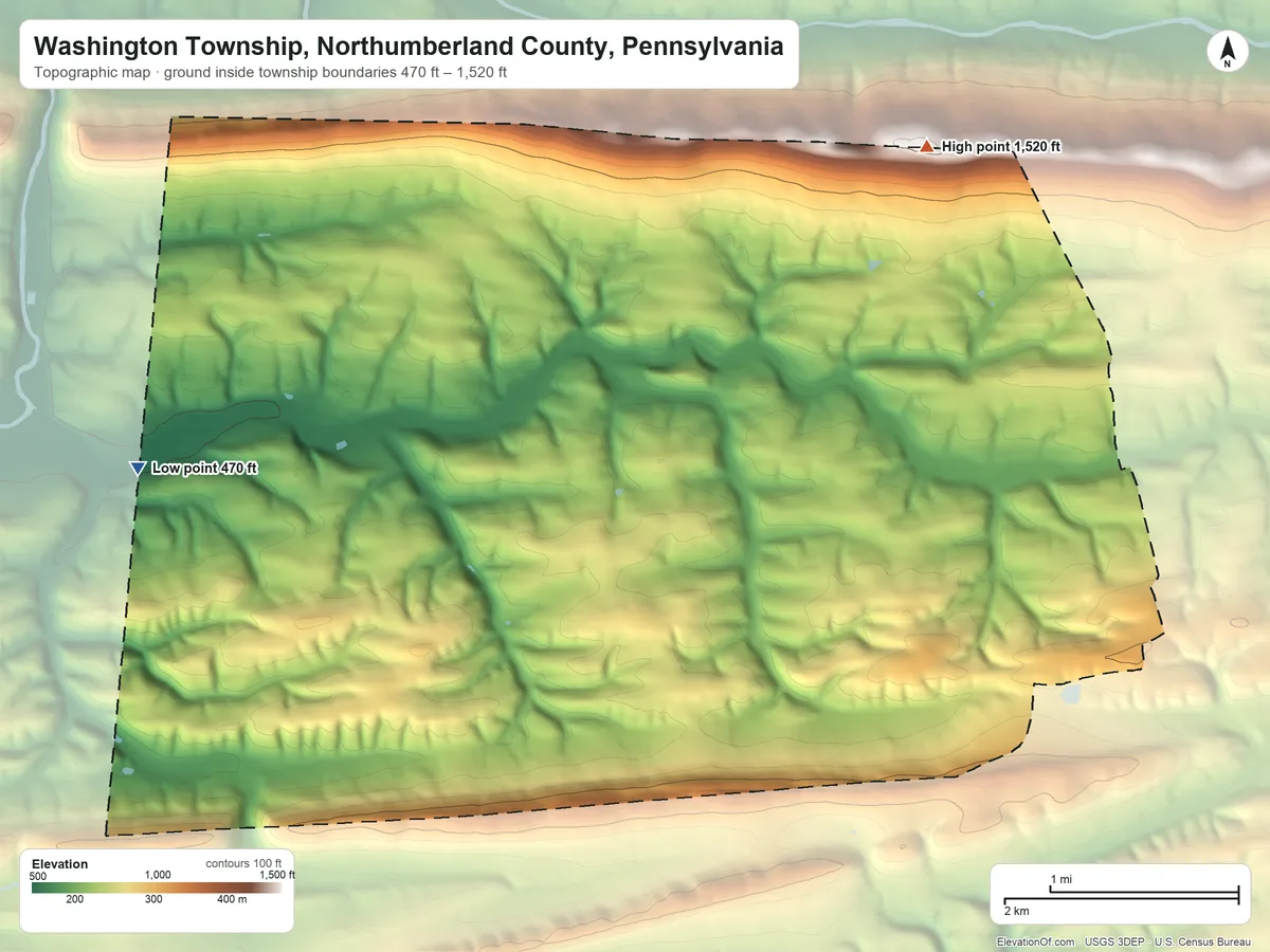 Topographic elevation map of Washington Township, Northumberland County, Pennsylvania, shaded from 470 ft on the west side to 1,520 ft on the northeast side