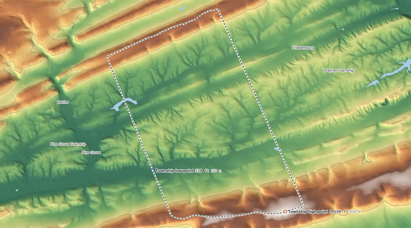 Topographic elevation map of Washington Township, Schuylkill County, Pennsylvania, shaded from 530 ft on the southwest side to 1,690 ft on the southeast side