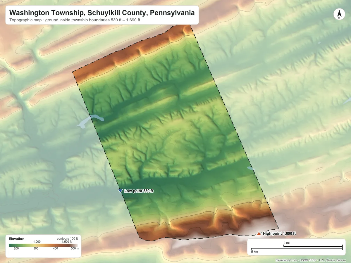 Topographic elevation map of Washington Township, Schuylkill County, Pennsylvania, shaded from 530 ft on the southwest side to 1,690 ft on the southeast side