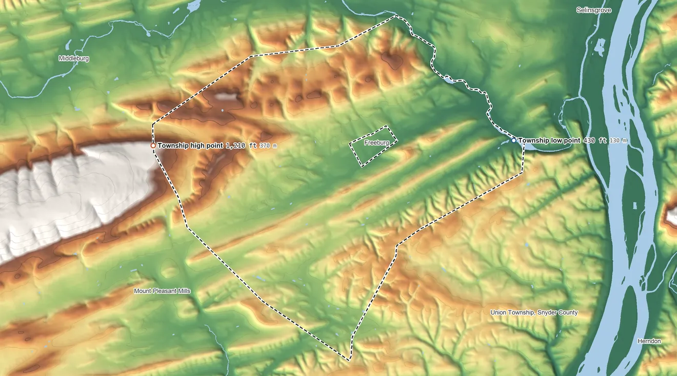 Topographic elevation map of Washington Township, Snyder County, Pennsylvania, shaded from 430 ft on the east side to 1,210 ft on the west edge, below higher ground just outside