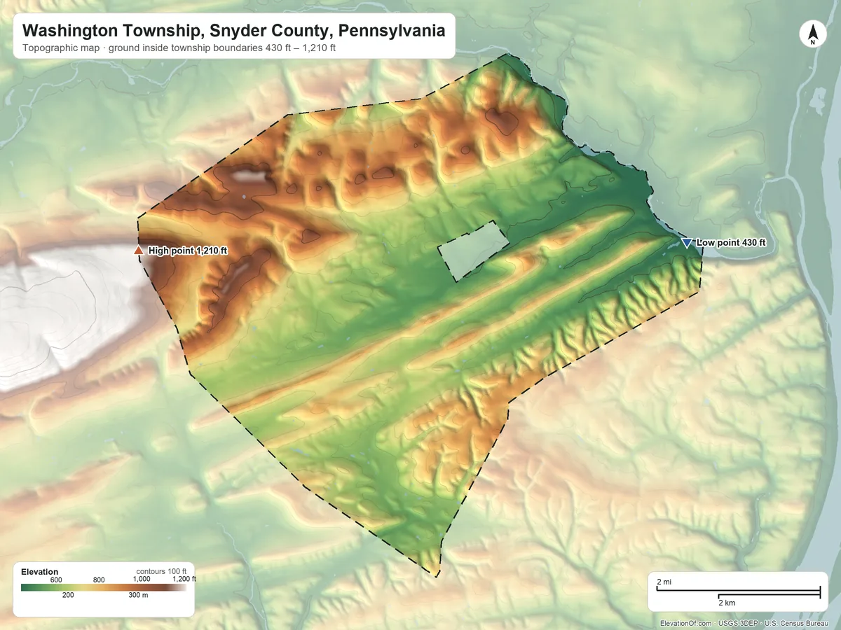 Topographic elevation map of Washington Township, Snyder County, Pennsylvania, shaded from 430 ft on the east side to 1,210 ft on the west edge, below higher ground just outside