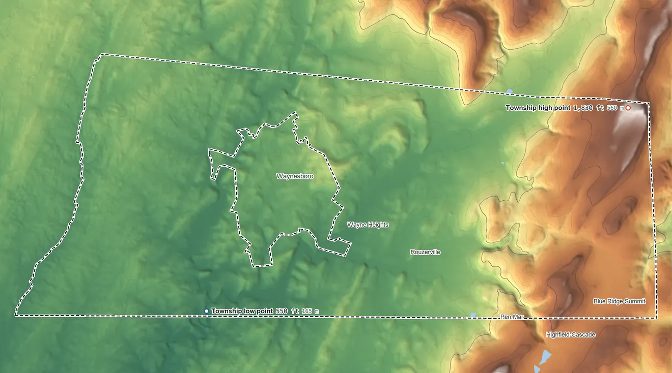 Topographic elevation map of Washington Township, Pennsylvania, shaded from 550 ft on the southwest side to 1,830 ft on the northeast side