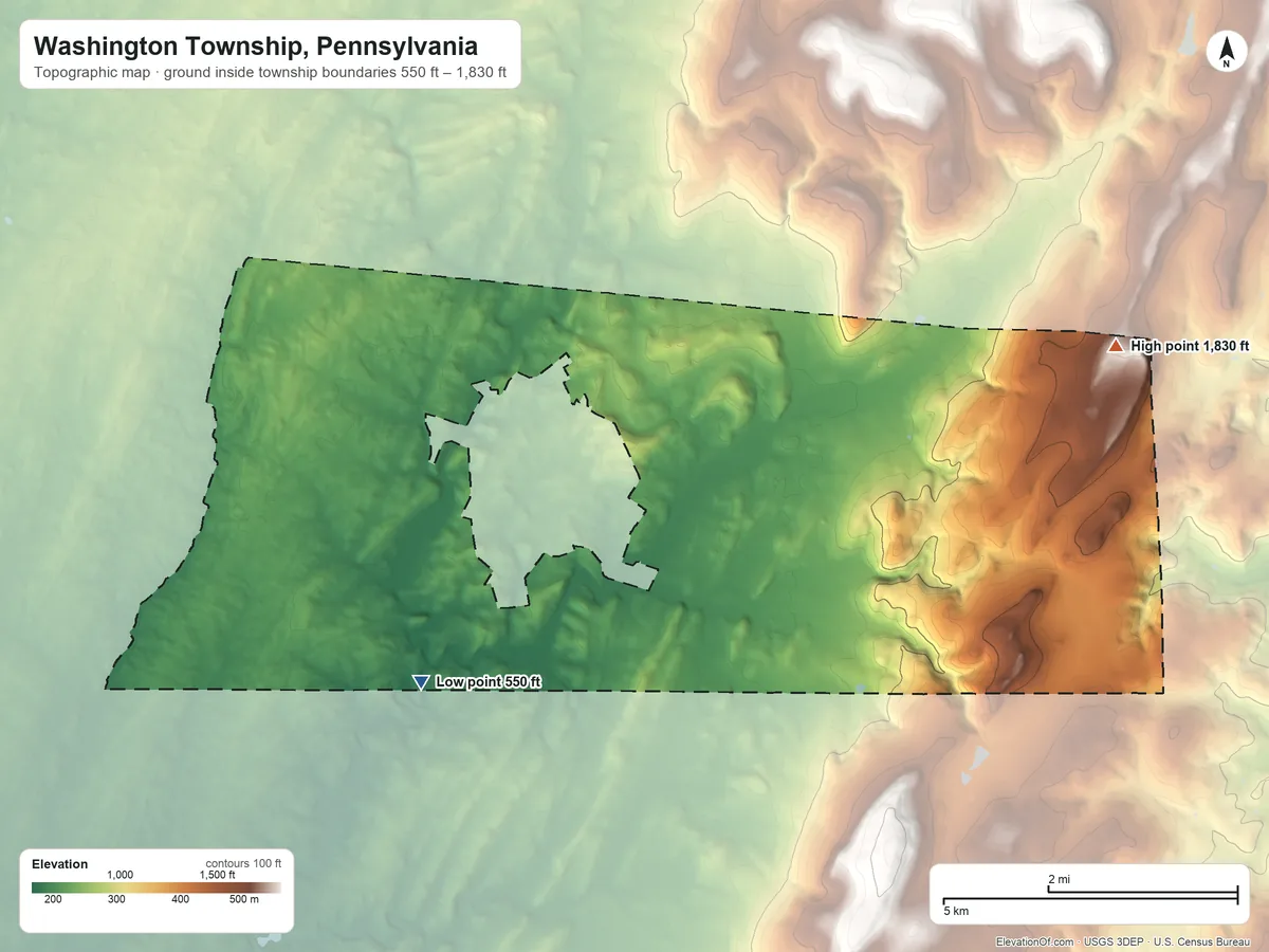 Topographic elevation map of Washington Township, Pennsylvania, shaded from 550 ft on the southwest side to 1,830 ft on the northeast side