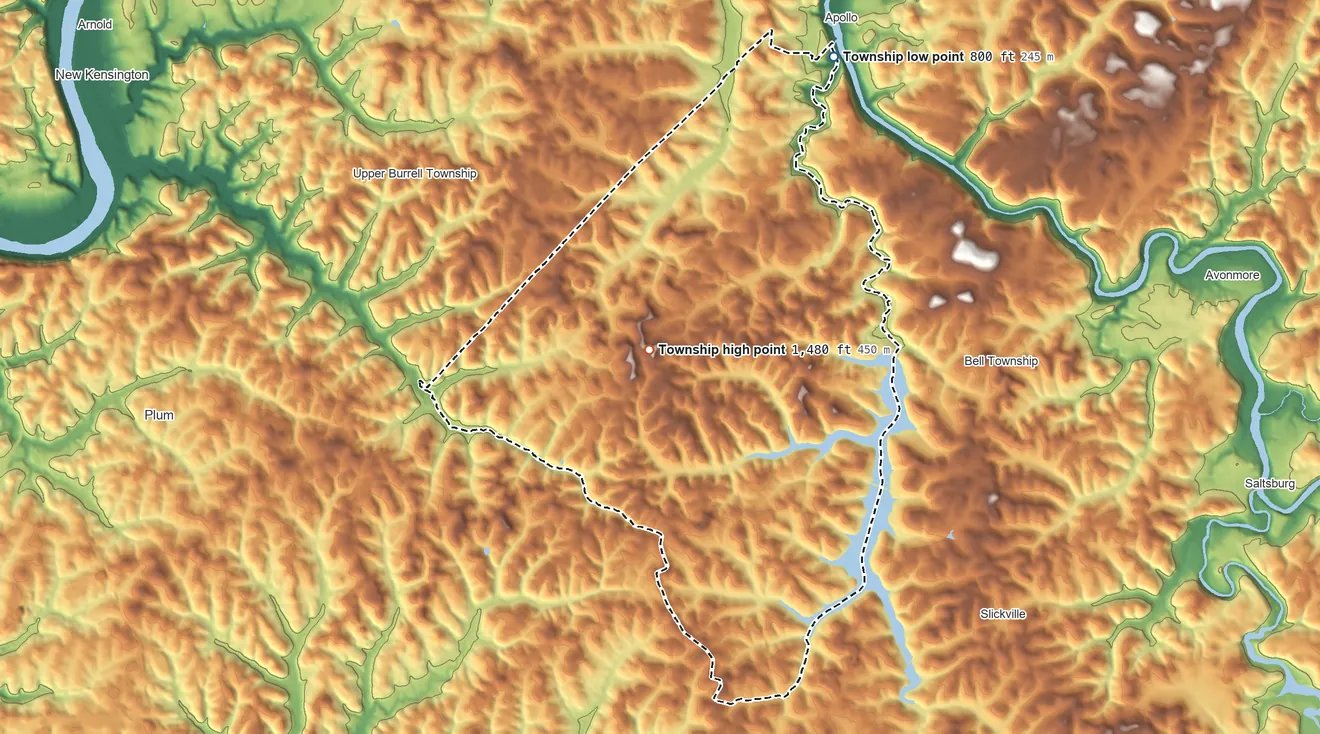 Topographic elevation map of Washington Township, Westmoreland County, Pennsylvania, shaded from 800 ft on the northeast side to 1,480 ft near the middle