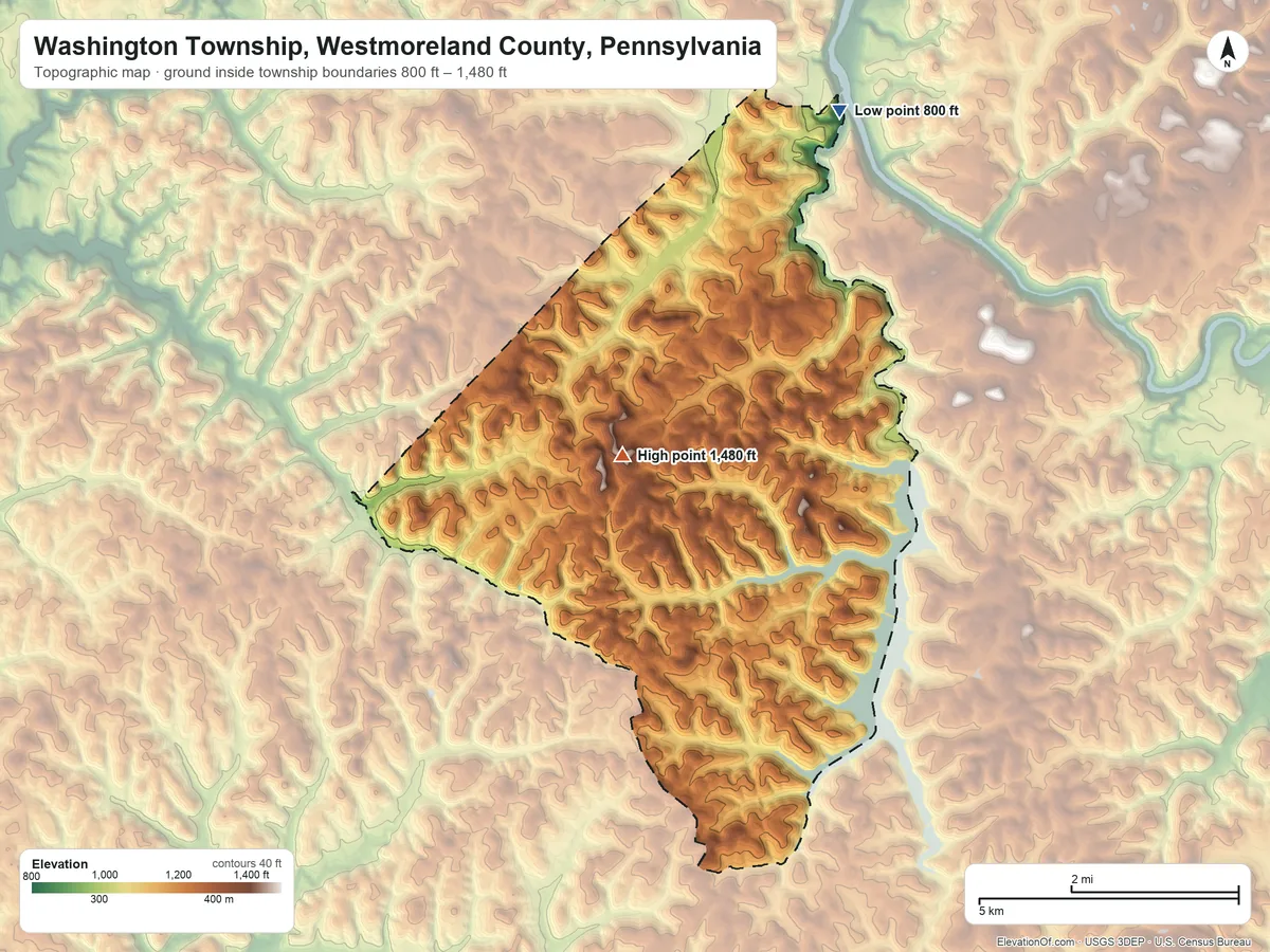 Topographic elevation map of Washington Township, Westmoreland County, Pennsylvania, shaded from 800 ft on the northeast side to 1,480 ft near the middle