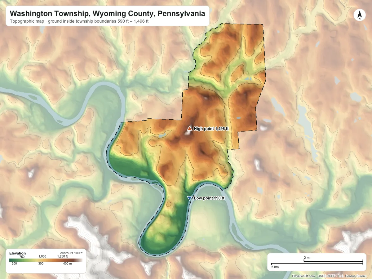 Topographic elevation map of Washington Township, Wyoming County, Pennsylvania, shaded from 590 ft on the south side to 1,496 ft on Florey Knob