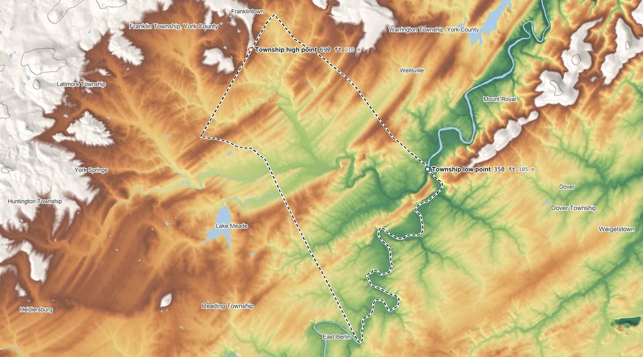 Topographic elevation map of Washington Township, York County, Pennsylvania, shaded from 350 ft on the east side to 690 ft on the northwest side