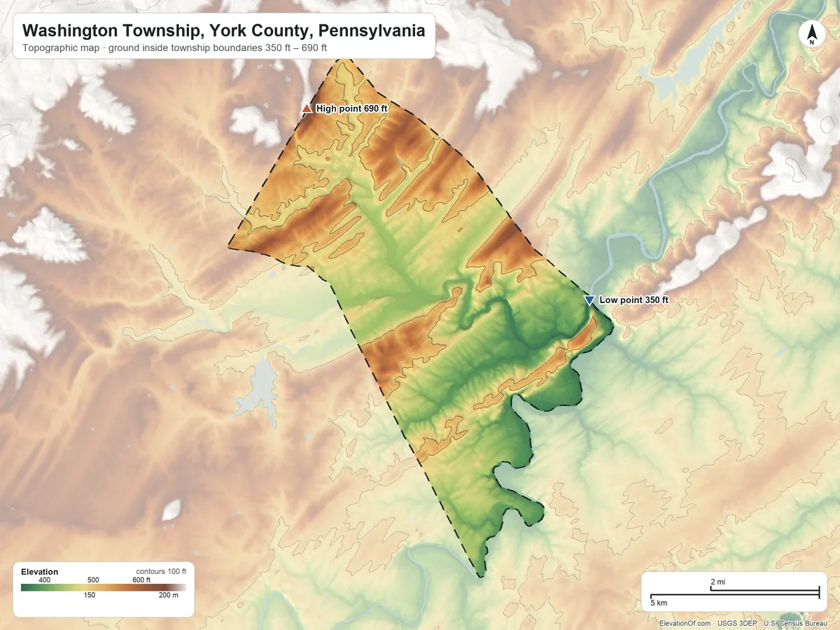 Topographic elevation map of Washington Township, York County, Pennsylvania, shaded from 350 ft on the east side to 690 ft on the northwest side