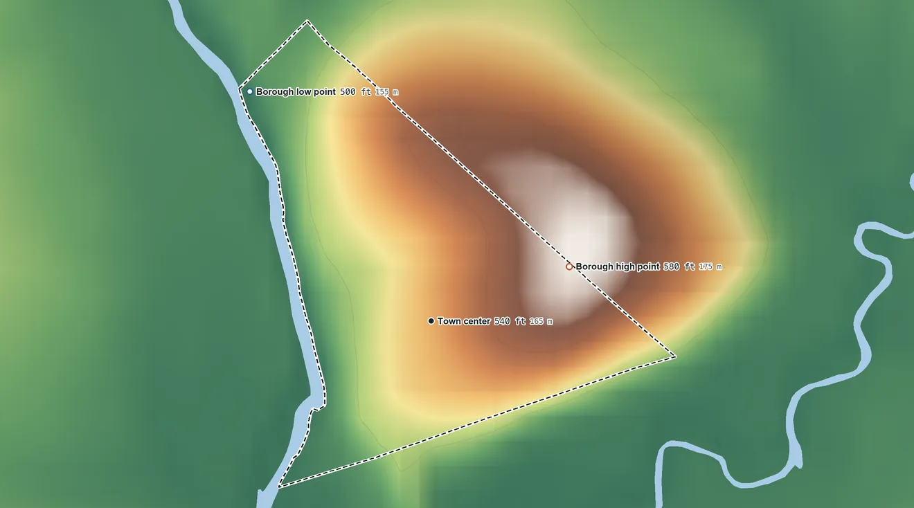 Topographic elevation map of Washingtonville, Pennsylvania, shaded from 500 ft on the northwest side to 580 ft at the foot of the Muncy Hills