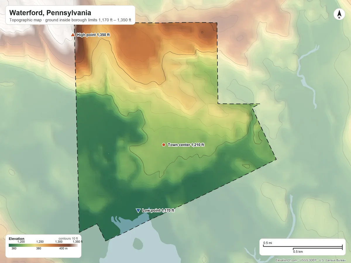 Topographic elevation map of Waterford, Pennsylvania, shaded from 1,170 ft on the south side to 1,350 ft on the northwest side